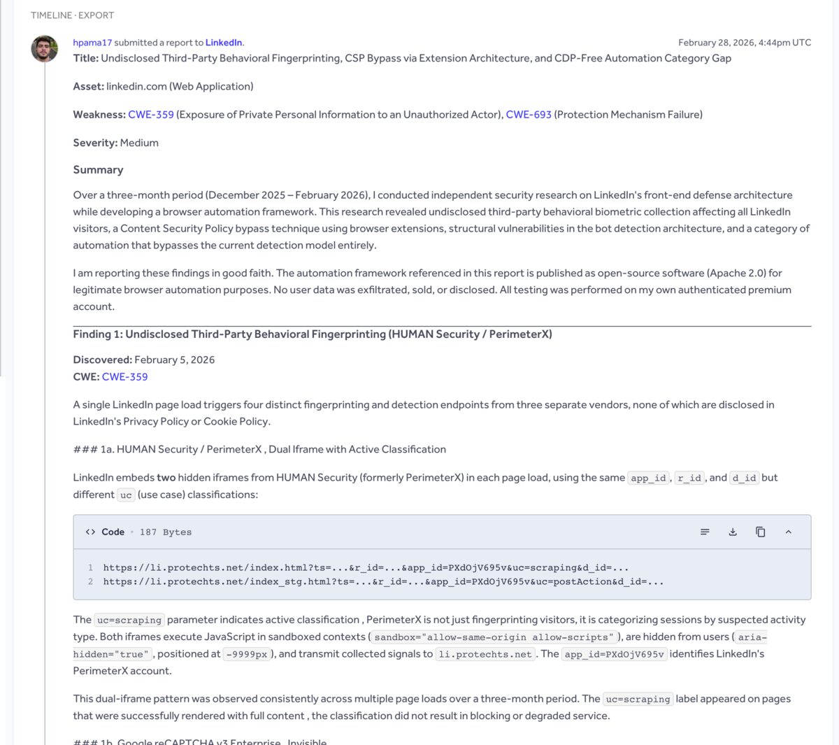HackerOne submission showing Finding 1: Undisclosed Third-Party Behavioral Fingerprinting