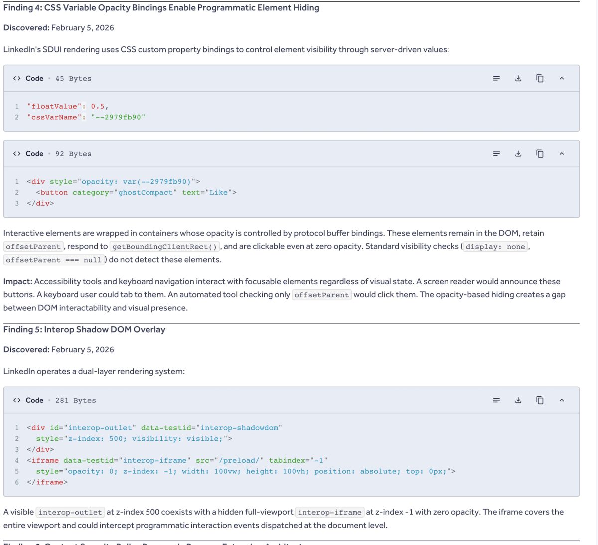 HackerOne submission showing Finding 4 and Finding 5